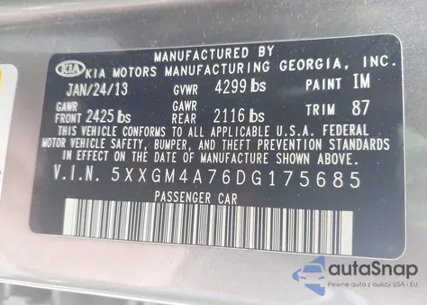 2013 Kia Optima Lx z USA, uszkodzony, nr VIN 5XXGM4A76DG175685